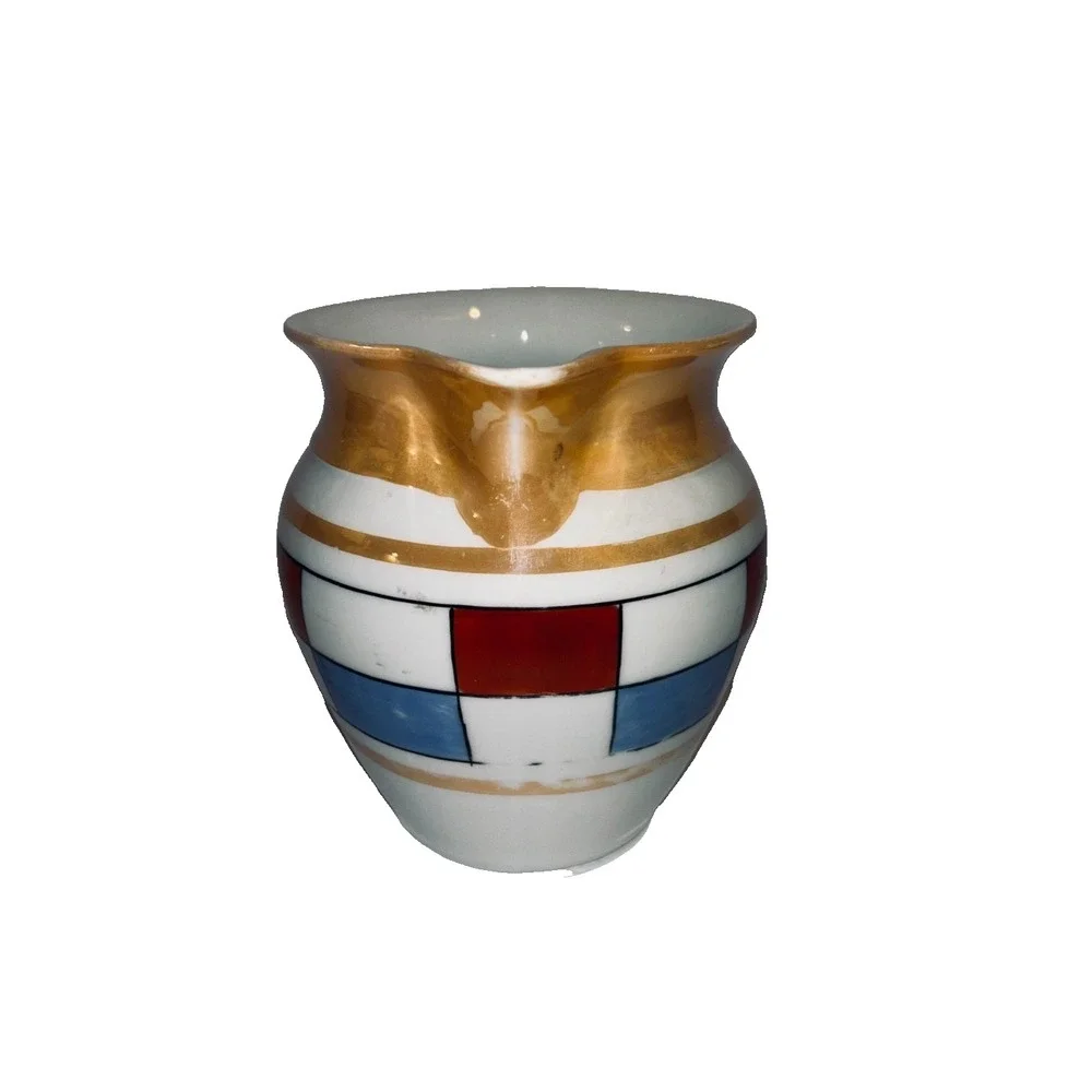 Antique Union K Czechoslovakia Art Deco Lusterware Pitcher Checkerboard Red Blue